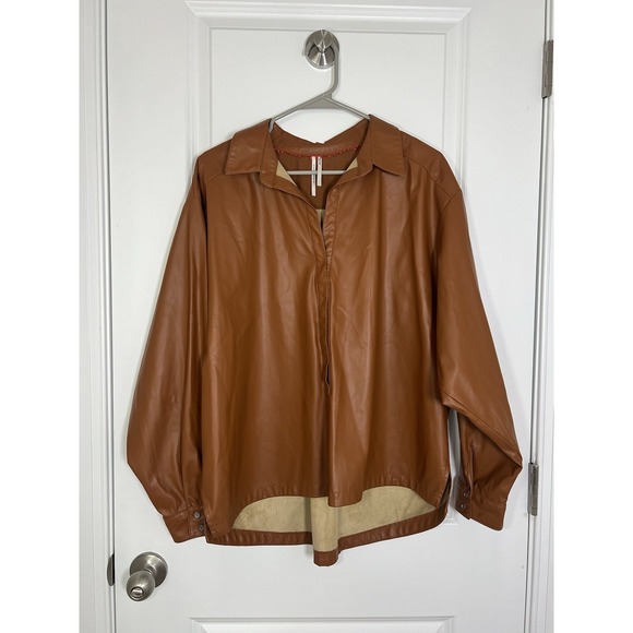 Anthropologie Tops - Anthropologie‎ Faux Leather Oversized Button Down Shirt Size Large Cedar Brown